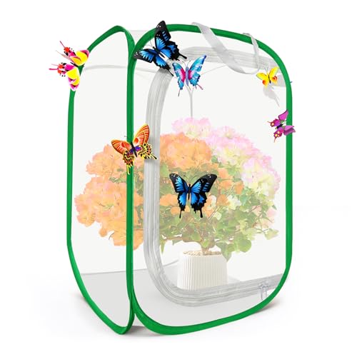 Pop-up Butterfly Enclosure with 12 Winged Insect Decorations, 23.6 inch Caterpillar to Butterfly House