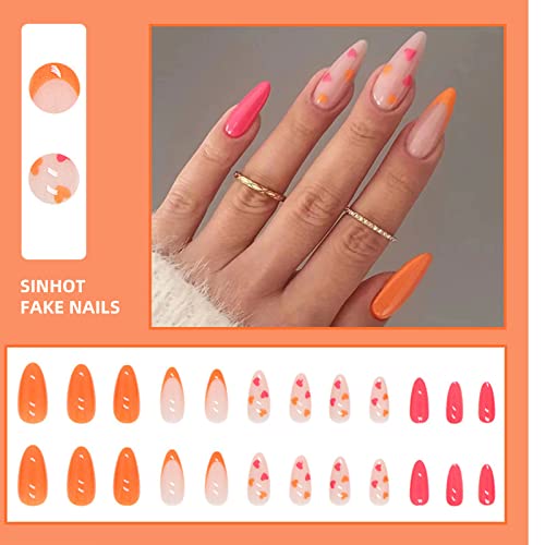 Sinhot French Tip Round Press On Naills Medium Fake Nails Heart Glue On Nails Orange Glossy False Nails Full Cover Oval Acrylic Nails For Women & Girls 24Pcs #TOP1