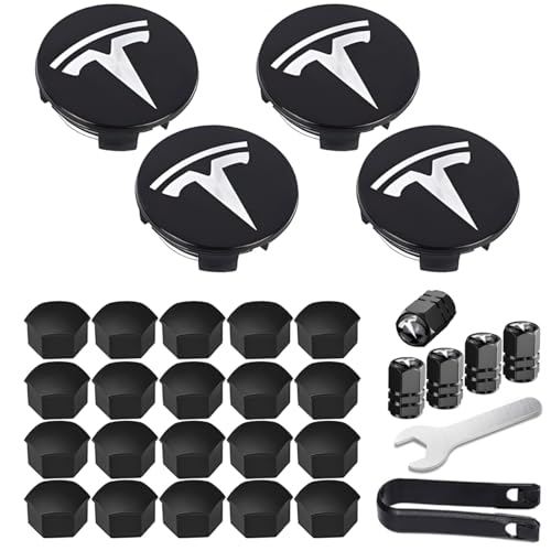 Radkappen Set Kompatibel mit Tesla Model 3 / Model Y, 4 Nabenkappen + 20 Radmutterkappen, Radnaben-Mittelabdeckungen Radmutterkappen, Radkappen-Kit mit Tesla-Logo - Schwarz