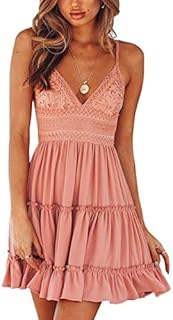 ECOWISH Womens V-Neck Spaghetti Strap Bowknot Backless Sleeveless Lace Mini Swing Skater Dress Pink-1 Large