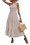 Picture of BTFBM 2025 Summer One Shoulder Dresses for Women Casual Sleeveless High Waist Floral Flowy Smocked Boho Beach Maxi Dress(Solid Light Khaki, Large)
