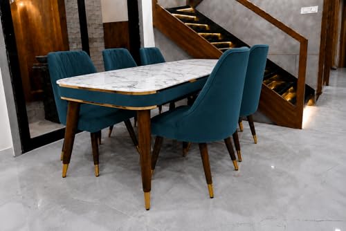 Image of WOODEN SPACE 6-Seater Wooden Dining Table Set | Nano Composite Marble Top | Solid Wood Base | Modern Dining Room Furniture with 6 Chairs (Seablue Frontline)