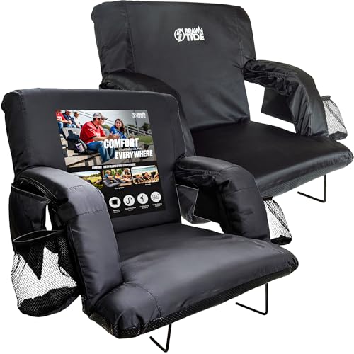 BRAWNTIDE Stadium Seat for Bleachers with Back Support - Wide Padded Reclining Bleacher Seat, Portable Folding Stadium Chair with Armrests, Hooks, Straps, Cup Holders, Pockets (Black, Regular Size)