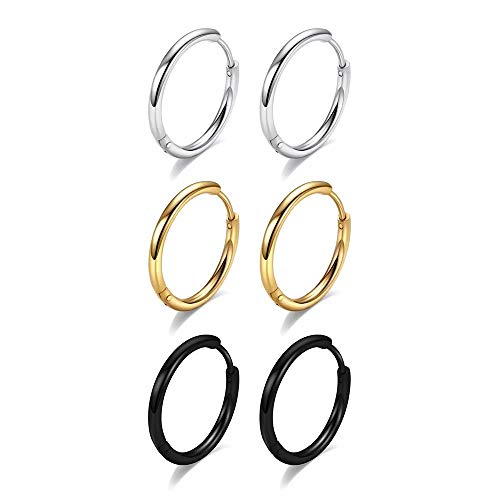 Image of Huggie Hoop Earrings for Women Men - 316L Surgical Stainless Steel 6mm 8mm 10mm Mens Ear Hugging Hoop Earrings for Cartilage Gold Black 20G 18G Hypoallergenic Second Hole Sleeper Hoop Earrings