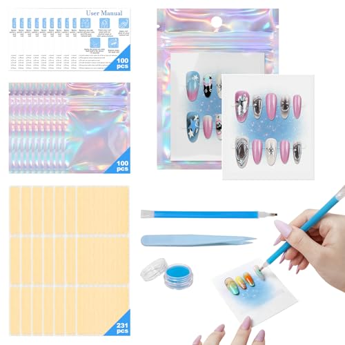 100PCS Press on Nail Packaging Bag 100PCS Display Card with 231 Pcs Pre-cut Adhesive Tape & Diamond Art Pens & Glue Clay & Tweezers 6-in-1 Set for Nail Display (Laser)