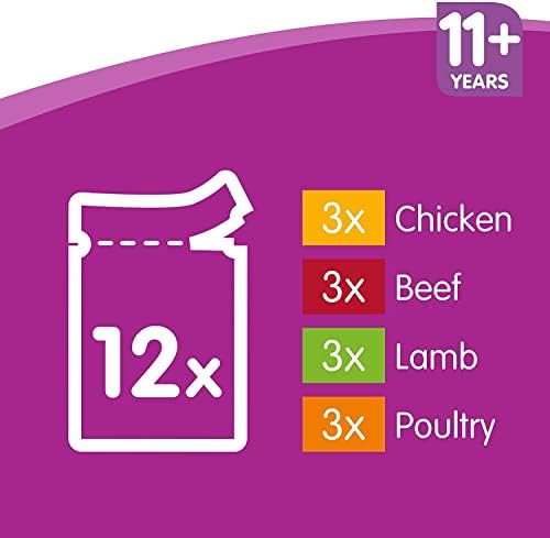 Whiskas wet pouches, delicious and tasty meaty selection in gravy, suitable for senior cats aged 11+, (12 Pouches x 100g)