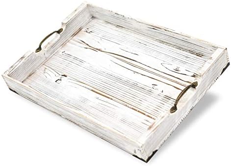 Boxwood Brothers Large 20 x 14 Inch Ottoman Tray, Distressed White Farmhouse, Solid Pine Serving Tray with Padded Feet and Bronze Handles