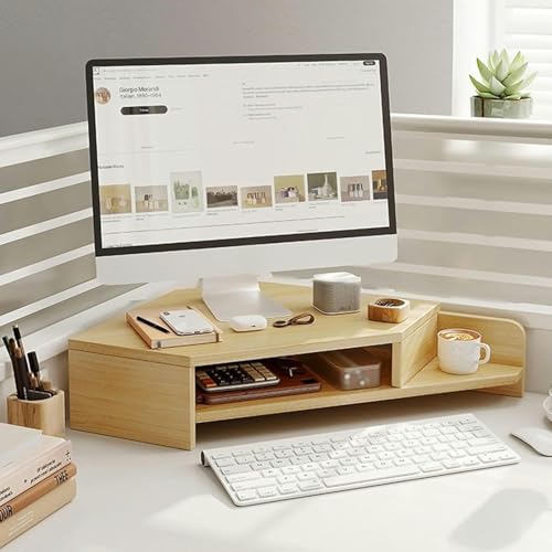Support de moniteur d'angle bois avec double rangement pour bureau