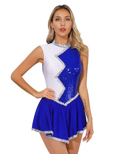 Aislor Damen Ballettkleid Eiskunstlauf Kleid mit Palletten Ärmellos Tanzkleid Ballettkleidung Patchwork Leotard Turnanzug Tanzkostüm Blau XL