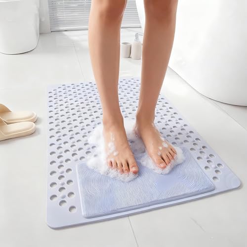 Merleu Bath Tub Shower Mat with Soft Shower Foot Scrubber Mat for Massage,Non Slip Bathtub Mat with Strong Suction Cups, Silicone Shower Foot Scrubber Mat (Dusty Blue, 31.5" X 19.7"(Rectangular)) by Merleu - Used condition - US$16.24