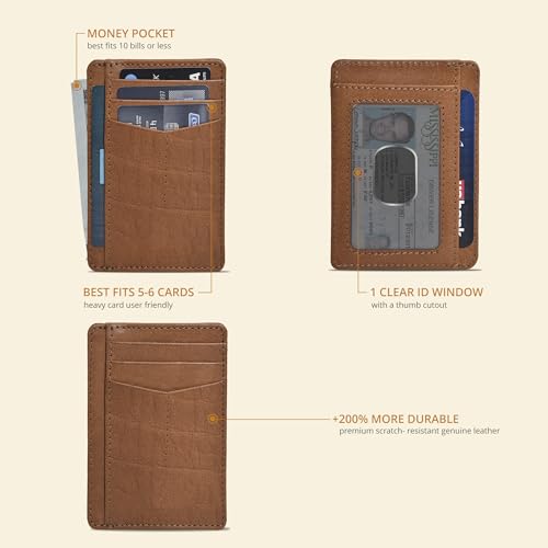 Image of Oak Leathers Leather Slim Minimalist Wallet for Men & Women RFID Front Pocket Leather Card Holder Wallets (Dark Cognac)