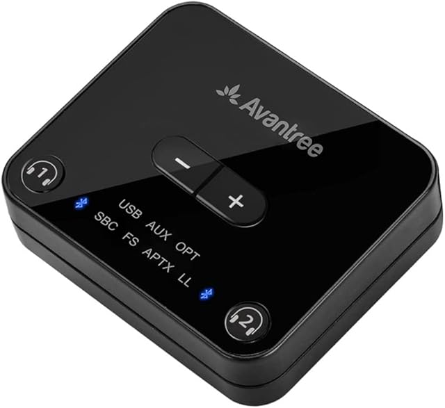 Avantree Audikast Plus Bluetooth 5.0 Transmitter for TV with Volume Control, aptX Low Latency Wireless Audio Adapter for 2 Headphones (Optical, AUX, RCA, USB) 100ft Long Range