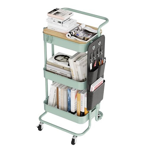 Image of DTK 3-Tier Rolling Cart with Table Top, Metal Utility Cart with Side Bags | Tray Storage Organizer, Lockable Wheels, 4 Hooks, Art Cart for Kitchen, Bathroom, Office, Craft room, Living room, Green