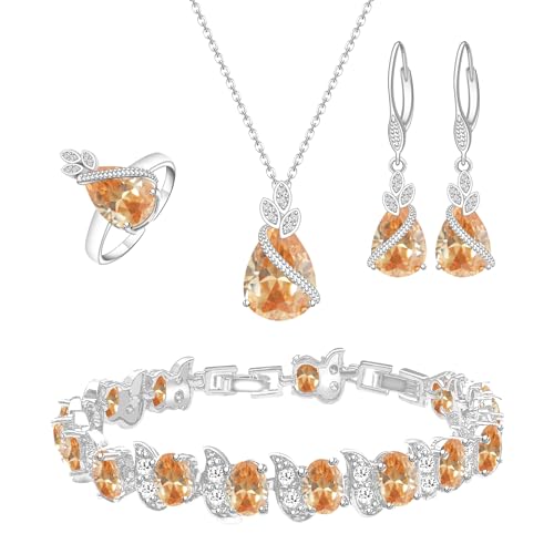 GZWHD Champagne Jewelry Set for Women Dangle Drop Earrings Necklace Ring Bracelet Set Gift Jewelry