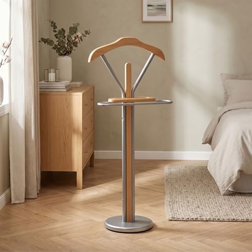 IDIMEX Valet de Chambre Fabio chevalet de Nuit Portant pour vêtements, Structure en métal laqué Couleur Aluminium et Finition en MDF Couleur hêtre