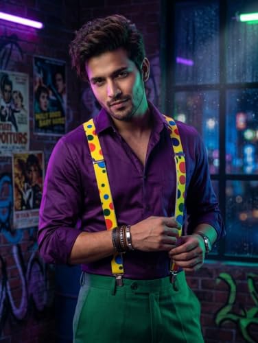 Image of BookMyCostume Adjustable Elastic Y-Back Style Unisex Suspenders in Joker Look for Kids & Adults - Fancy Dress Costume Accessory with Strong Metal Clips