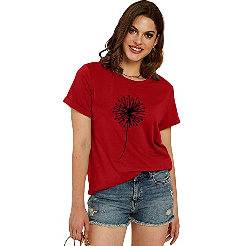 Cicy Bell Women's Dandelion Print T Shirts Cute Graphic Tees Short Sleeve Summer Cotton Tee Tops Z-Red #TOP2