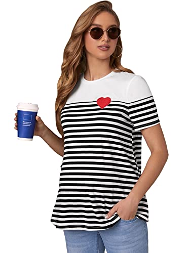 Oyoangle Women's Maternity Striped Print Heart Embroidered Round Neck Short Sleeve Tee Shirt Maternity Blouse Black And White Xl #TOP5