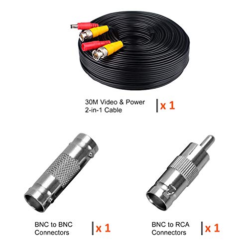 LONNKY 100ft 30M BNC Cable Security Camera Wire Cord with BNC Connectors and RCA Adapters Video Power Cable for CCTV Camera Surveillance Kit and Security Camera System,Black