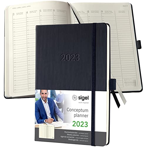 SIGEL C2319 Planungsbuch Terminplaner Wochenkalender 2023 - ca. A5 - 1 Woche = 2 Seiten, 1 Spalte pro Tag - schwarz - Hardcover - 192 Seiten - Stiftschlaufe, Archivtasche - Conceptum