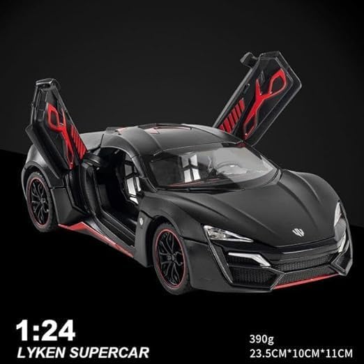 Image of 1:24 Scale Lykan Hypersport Diecast Model Toy Car, Alloy Metal Pull Back Vehicle for Kids, Openable Doors, Lights & Music, Big Size Toy Car for Boys & Girls (Black)