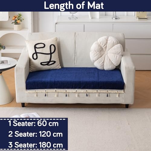 Image of HOKIPO 'Serenity Tassel' Chenille 2 Seater Sofa Cover with Tassel - Sapphire Navy (IN-891-NBL)