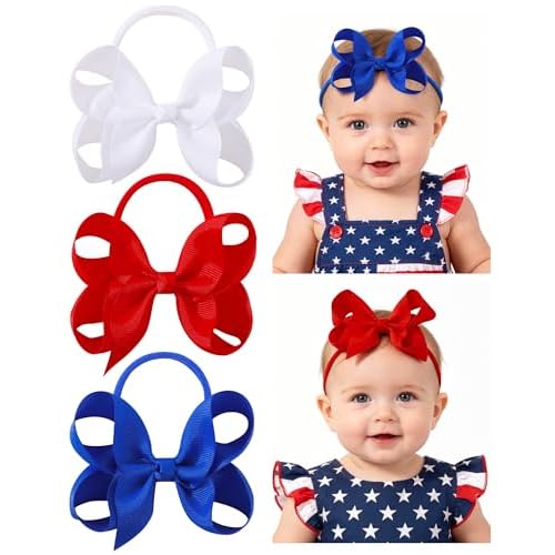jollybows 4th of July Headband Bow Baby 4inches Baby Girls Grosgrain Ribbon Hair Bows Headbands Nylon Elastic Hair Band Hair Accessories for Infants Newborn Red & White & Blue