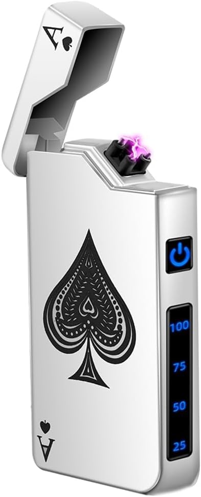 LcFun Electric Lighter - Rechargeable USB, Dual Arc Plasma, Windproof Flameless, Pocket Metal Lighter with LED Battery Indication for Candles, Camping (Silver Ace)