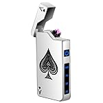 LcFun Electric Lighter - Rechargeable USB, Dual Arc Plasma, Windproof Flameless, Pocket Metal Lighter with LED Battery Indication for Candles, Camping (Silver Ace)