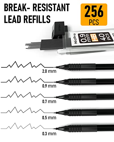 Nicpro Black Art Mechanical Pencil Set, 5Pcs Metal Drafting Pencils 0.3, 0.5, 0.7, 0.9, 2Mm Lead Pencil Holder (4B 2B Hb 2H Colored Lead) For Writing Sketching Drawing With 9 Lead Refills Eraser Case #TOP3