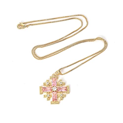 Nazareth Store 18K Yellow Gold Plated Crusaders Jerusalem Cross Pendant With Crystallized Topaz And 20" Necklace Chain (Pink Topaz) #TOP1