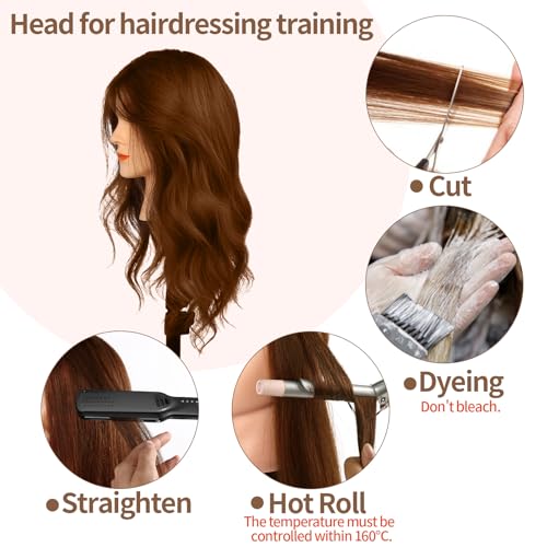 Frisierkopf 100% Echthaar, MYSWEETY Trainingskopf Echthaar Braun für Friseure und Kinder,45.7cm Lang Puppenkopf zum frisieren mit Haare Zubehör und Klein Tisch Halter
