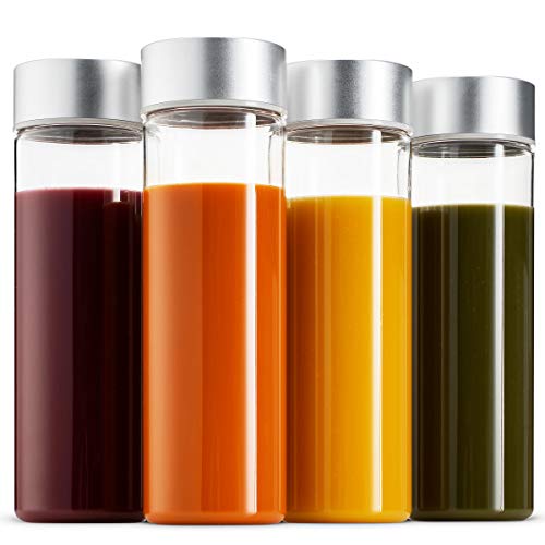 Komax Juice Bottles 18.5-oz, Set of 4 | Shatterproof Juicing Bottles For Smoothies, Milk & Water | BPA-Free Tritan Plastic Juice Bottles | Freezer & Dishwasher Safe | Wide Mouth Lid & Inner Cap