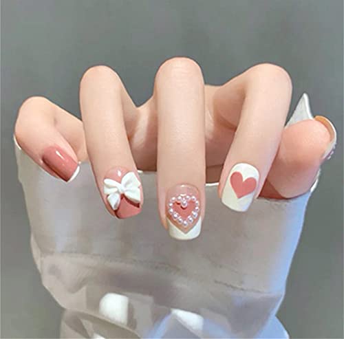 Pearl Heart Press On Nails Short French Tip, False Nails Designs With Love Bow Full Cover Bowknot Valentine's Day Wear Artificial Nails For Women And Girls 24Pcs #TOP1