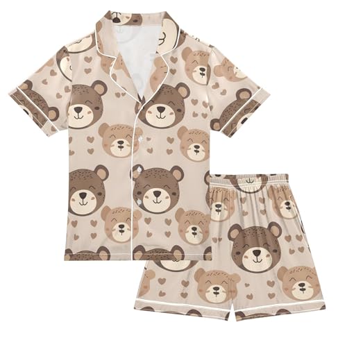 ALAZA Cute Animal Bear Heart Pajamas Satin Pajama Set Short Sleeve Button Down Sleepwear