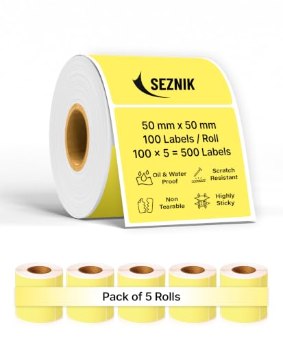 Image of SEZNIK Waterproof, Non-Tearable, Long Lasting Print, Sticky Thermal Lables, Label Roll, 2 inch Adhesive Thermal Labels for Label Printers (50mmx50mm) - 500 Lables, Yellow