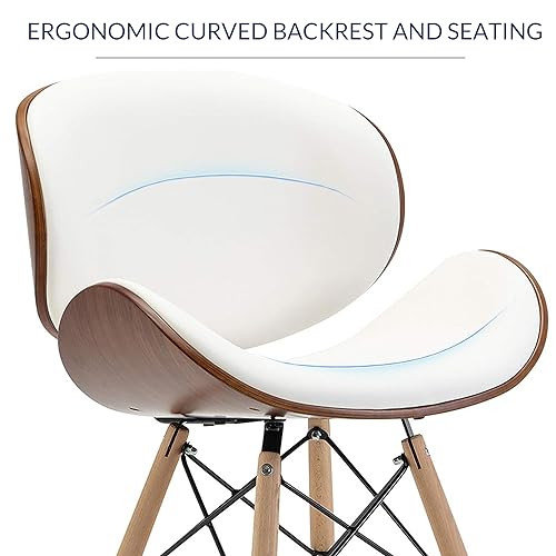 Image of BELLEZE Set of 2 Mid Century Modern Dining Chairs, Upholstered Faux Leather Walnut Curved Back Contemporary Kitchen Dining Accent Chair, Minimalist Vintage Style - Avalon (White)