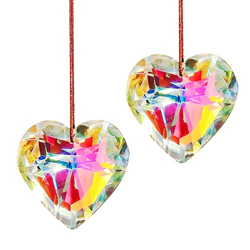Kristall Sonnenfänger Fenster, 2 Stück Herzform Kristalle Deko Anhänger Glas Bunte Fensterdeko Hängend Prismenkugel Regenbogen Kristallglaskugel Hängende Fenster Ornament
