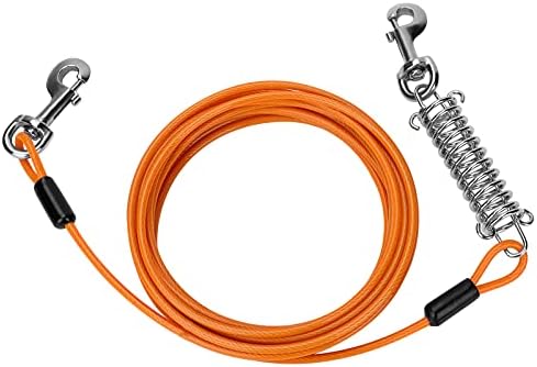 Dog Tie Out Cable, Upkey 20ft Pet Tie-outs Cable, Stainless Steel Wire Rope for Dogs, Puppy Twist Dog Lead Leash with Shock Absorbing Spring & Metal Swivel Hooks, Dog Lead for Small Large Dogs