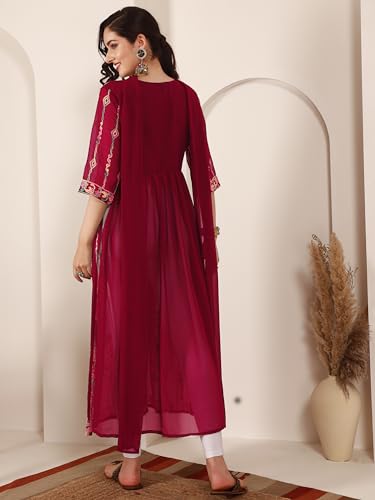 Image of EthnicJunction Women's Georgette Embroidered and Sequence Work Naira Cut Kurta and Dupatta Set