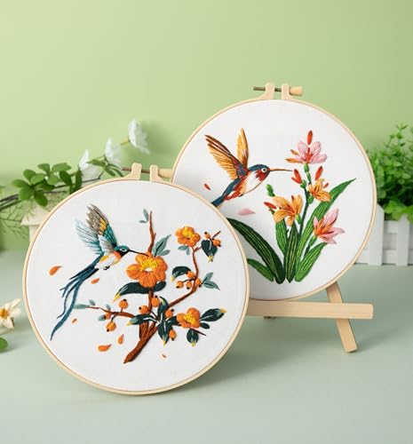 Image of GLTAYLMY 3 Pack Embroidery Kits for Adults, Hummingbird and Flower Embroidery Kit for Beginners with Clear Instructions,1 Plastic Embroidery Hoops, Stamped Patterns, Colorful Threads, Tools