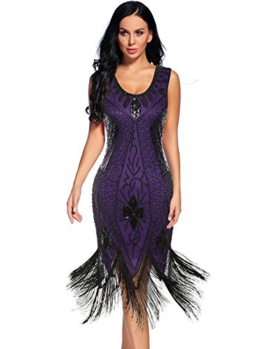 Women's Flapper Dress 1920s Cocktail Fringed Great Gatsby Dress(Blackpurple,M)