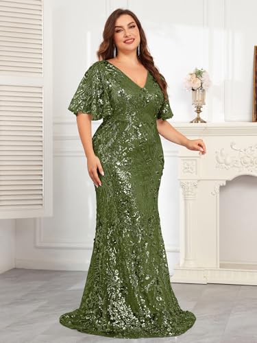 Image of Plus Size Glamous Short Sleeves Womens Sequin Dress Formal Gowns Evening Glitter Mermaid Prom Dress