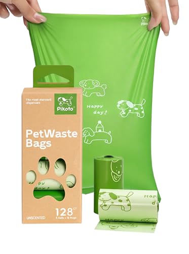 Pikoto Dog Poop Bags Rolls, 128 Count (8 Refills) - 60% Recycled Plastic Unscented - Leak Proof, Extra Thick Waste Bag with Easy-Peel Sticker (Green)