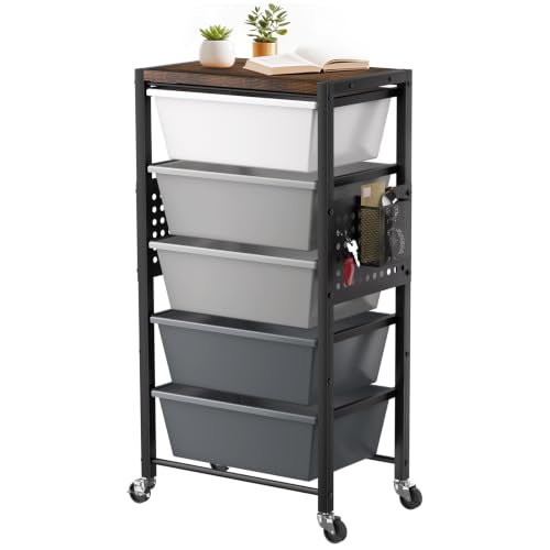 Rolling Cart with 5 Drawers, Plastic Drawer Storage Carts with Wheels & Wooden Tabletop, Metal Utility Cart with Pegboards, Office Living Room Classroom Craft Organization and Storage, Dark Grey