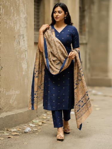 Image of GoSriKi Kurta Set Women Viscose Printed | Kurti Set Woman | Kurta Pant Dupatta 3 Piece Outfit | V-Neck Elbow Length Sleeve Straight Fit Ethnic Wear Ladies Dress Stylish Traditional Clothing