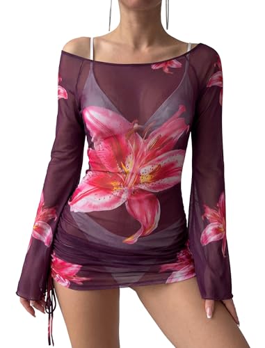 Image of ZAFUL Womens Swimsuit Cover Up Dress Off Shoulder Hollow Coverup Bathing Suit Mesh Swim Beach Dress