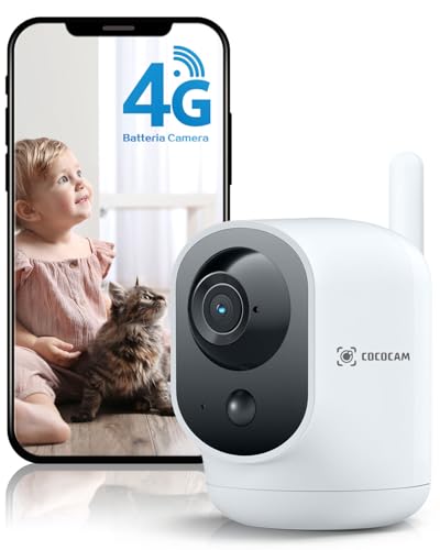 COCOCAM 4G Telecamera con SIM Interno Senza Fili 2K, Batteria 6000mAh, 355°P 90°T, per Bambini/Animali Domestici/Anziani, Rilevamento Umano PIR, Scheda SIM Integrata, senza WiFi (Bianco)