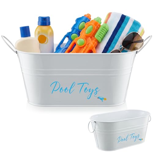 Blulu Pool Toy Storage Bucket Metal Poolside Basket Above Ground Pool Bin Summer Basket Outdoor Storage for Sunscreen Goggles Flip Flop Spf Swimming Camping Beach Accessories Decor(White)