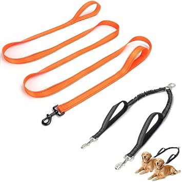 10FT Double Dog Leash, Heavy Duty Dual Leash for Medium Large Dogs, No-Tangle 360 Swivel, Bungee Shock Absorption & 2 Padded Handles